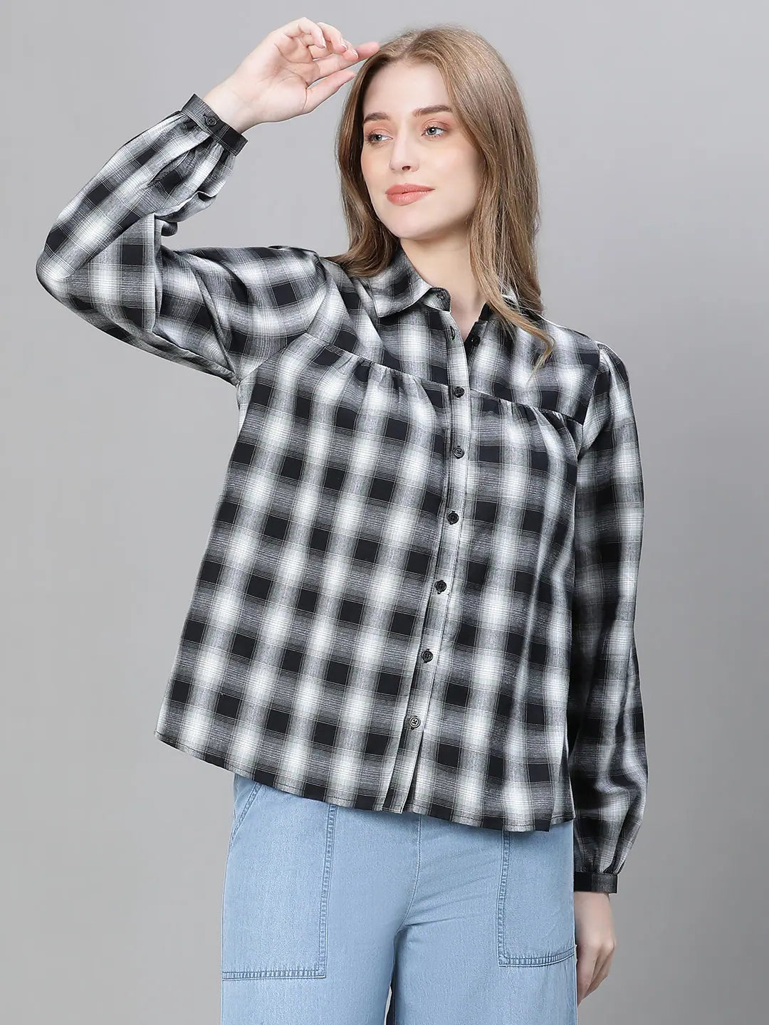 Women Black Check Print Collared Long Sleeve Buttoned Shirt-W23108WSH007_S-- Collared Crew Neck Turtle Neck Women Black Check Print Collared Long Sleeve Buttoned Shirt-W23108WSH007_S-- Collared Crew Neck Turtle Neck