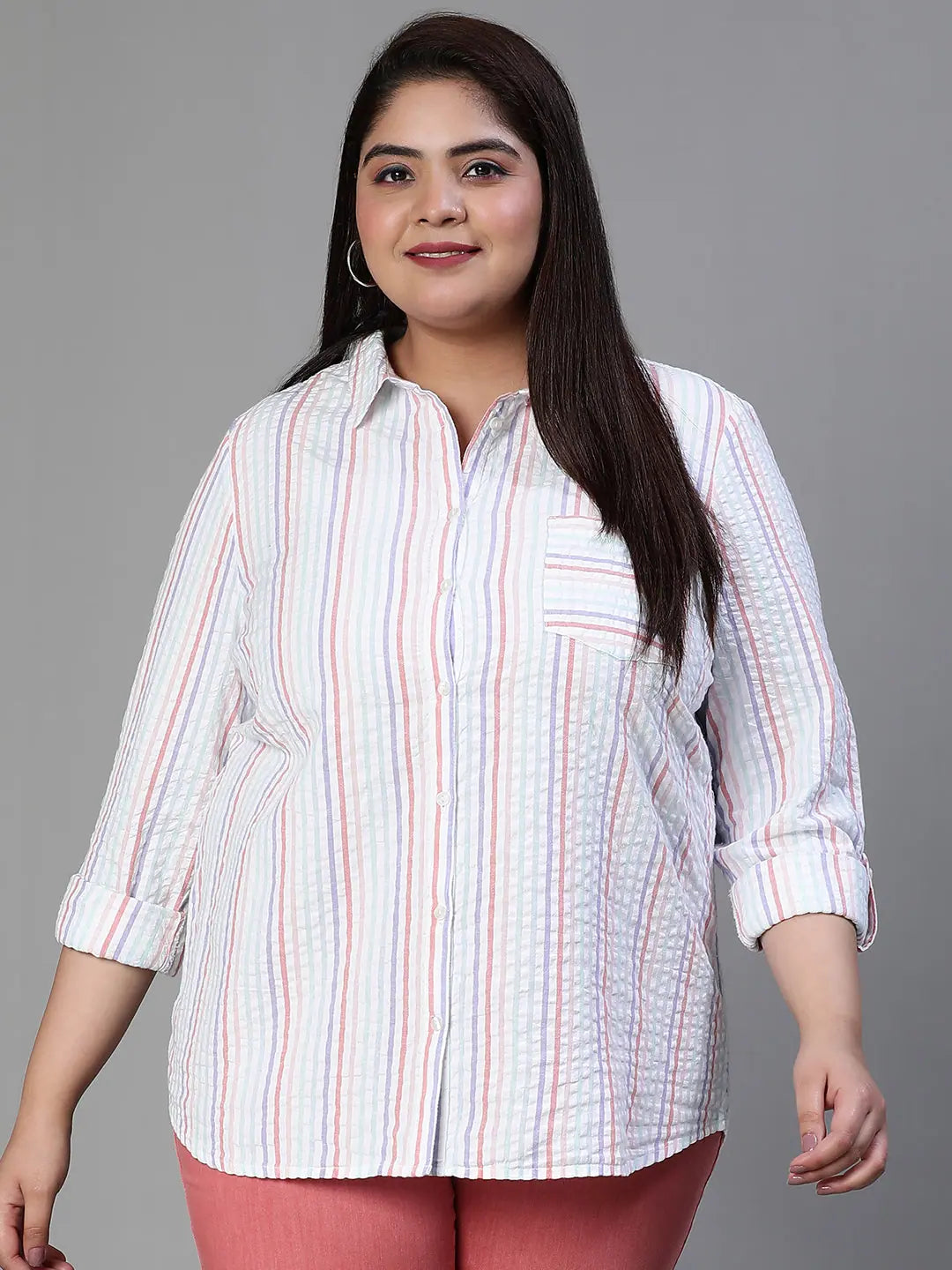 Women plus size stripe print button tab sleeve multicolor cotton shirt-- Anti-Pilling Machine Wash Handmade Women plus size stripe print button tab sleeve multicolor cotton shirt-- Anti-Pilling Machine Wash Handmade
