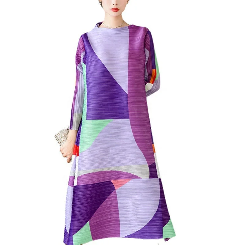 OUDINA Fashion High-end Purple Printed Female Casual Lady Elegant Pleated Women Loose Dresses Women Tunics Sophisticated sleek OUDINA Fashion High-end Purple Printed Female Casual Lady Elegant Pleated Women Loose Dresses Women Tunics Sophisticated sleek