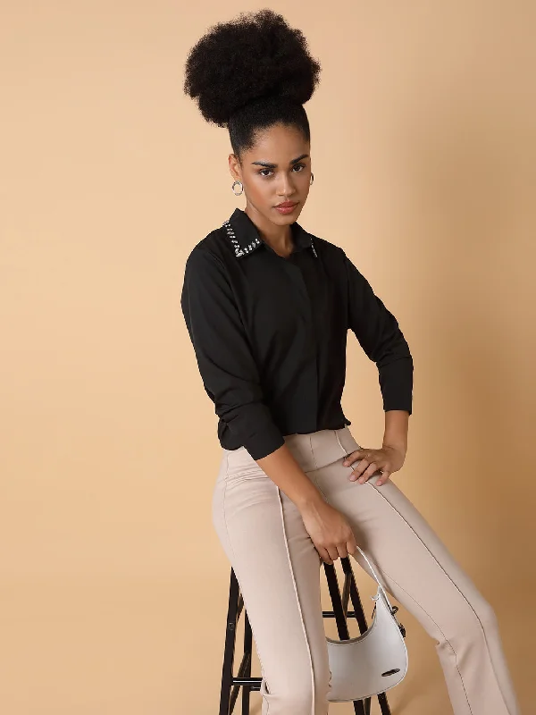 Women Solid Black Shirt-8009-Black-- Fleece Fabric Down Fabric Feather Fabric