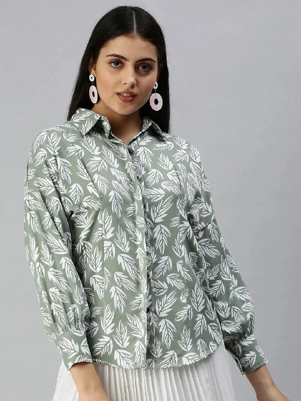 Women's Green Printed Shirt-AE-10199-Green-- Fleece Fabric Down Fabric Feather Fabric Women's Green Printed Shirt-AE-10199-Green-- Fleece Fabric Down Fabric Feather Fabric