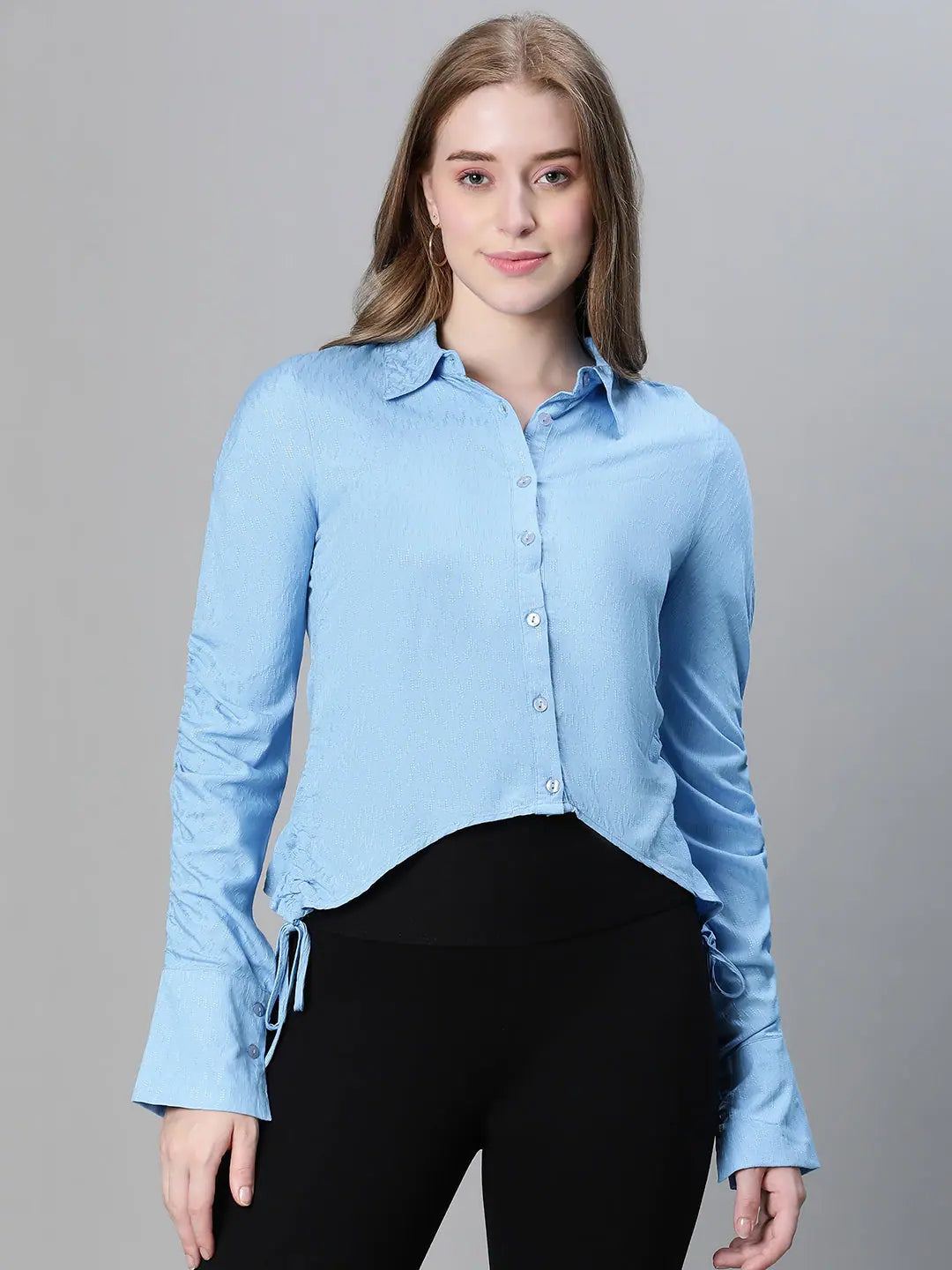 Women soild blue collared long sleeve high-low shirt-- Zippered Front Buttoned Front Snap Front Women soild blue collared long sleeve high-low shirt-- Zippered Front Buttoned Front Snap Front