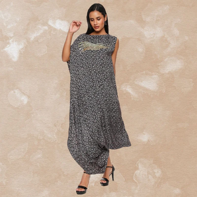 Syahi Cowl Dress | Hand-Block Print | Sujani Embroidery | Black Tunic Top Casual