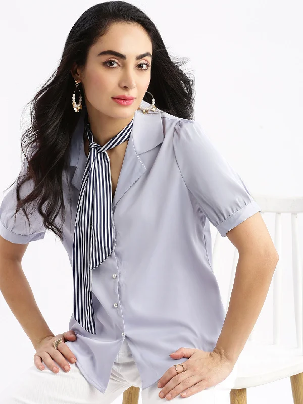 Women Solid Cuban Collar Lavender Relaxed Fit Shirt-21619-Lavender-- Sequined Glittery Shiny Women Solid Cuban Collar Lavender Relaxed Fit Shirt-21619-Lavender-- Sequined Glittery Shiny