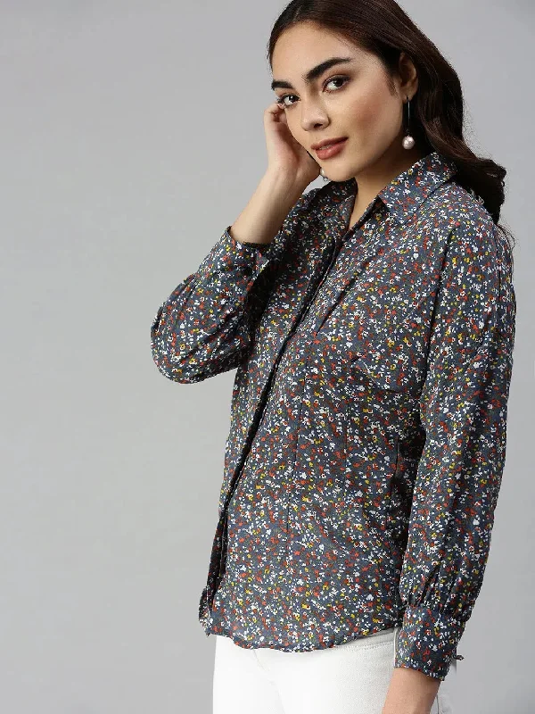 Women's Blue Printed Shirt-AE-10198-Blue-- Polka Dot Checkered Tartan
