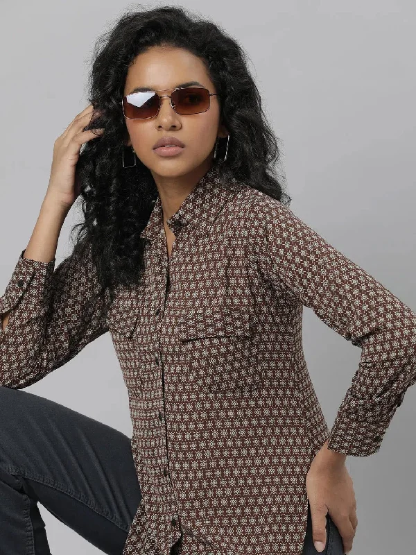Women Brown Micro Ditsy Shirt-AE-333825-Brown-- Real Fur Shearling Chenille