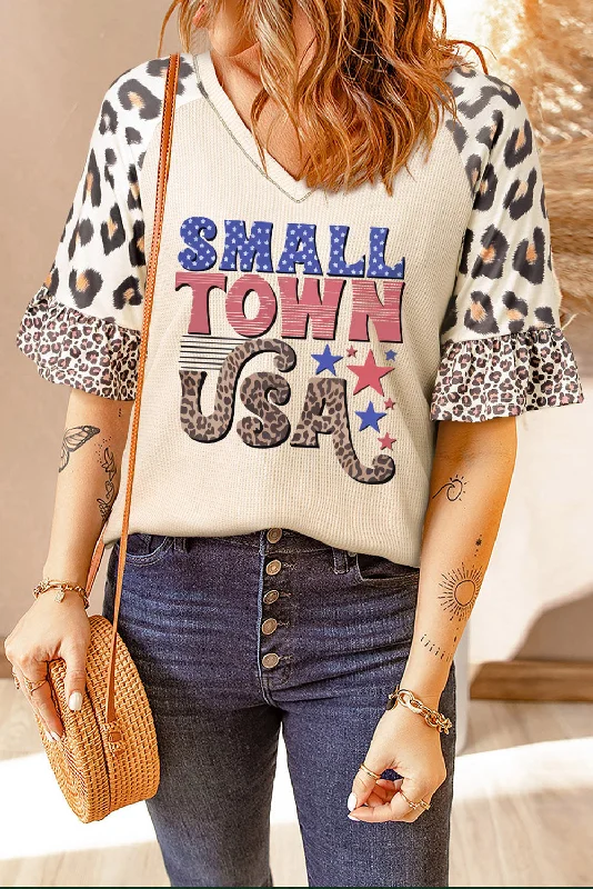 SMALL TOWN USA Leopard V-Neck T-Shirt-- Houndstooth Herringbone Solid