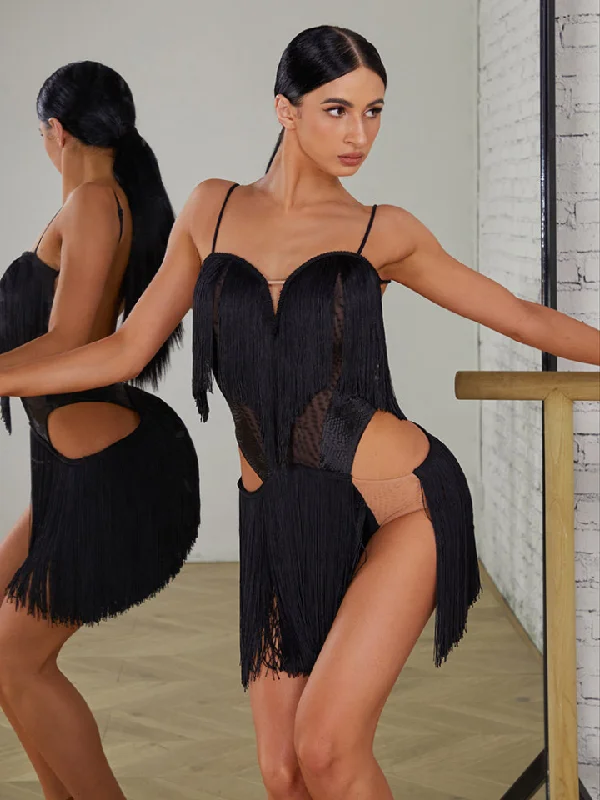 ZYM Dance Style Wishful Fringe Dress #2404 Black Fringe, Mesh, and Snake Skin Latin Practice Dress with Cutout Detail at Waist and Open Back PRA 1106 in Stock Tunics Handmade artisanal ZYM Dance Style Wishful Fringe Dress #2404 Black Fringe, Mesh, and Snake Skin Latin Practice Dress with Cutout Detail at Waist and Open Back PRA 1106 in Stock Tunics Handmade artisanal