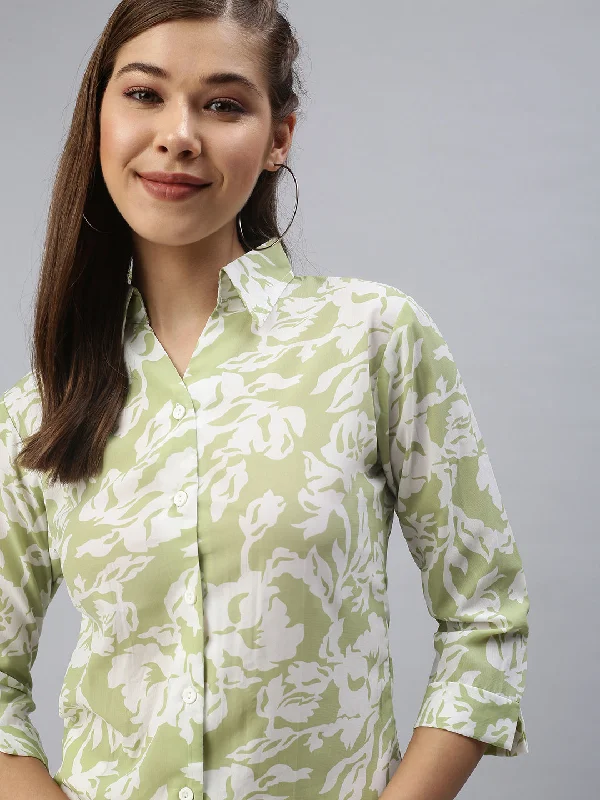 Women Spread Collar Printed Green Shirts-AE-3330093-Greenwhite-- Seamless Knitted Crochet Women Spread Collar Printed Green Shirts-AE-3330093-Greenwhite-- Seamless Knitted Crochet