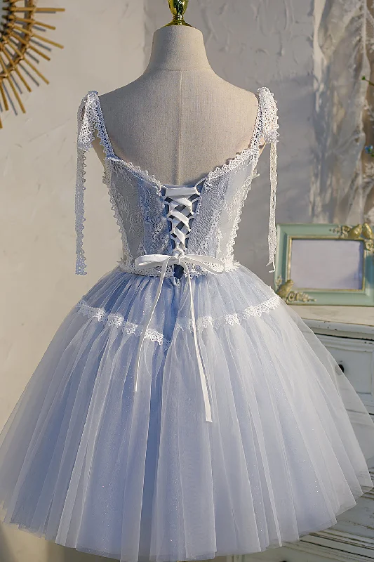 Light Blue Spaghetti Straps Lace Tulle Short Homecoming Dresses sweetheart Neckline Romantic Light Blue Spaghetti Straps Lace Tulle Short Homecoming Dresses sweetheart Neckline Romantic