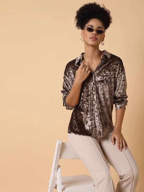Women Solid Brown Shirt-79-Brown-- Notch Collar Peter Pan Collar Cowl Neck