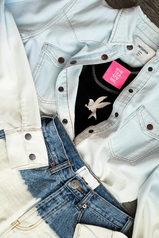Capri Blue Bleached Out Western Denim Shirt- ONE TEASPOON-- Plaid T-Shirt Polka Dot Checkered
