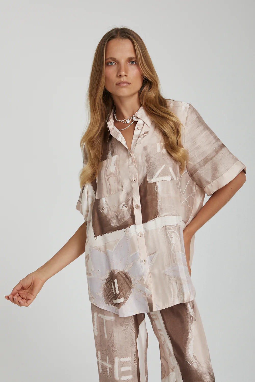 Button Up Shirt Sunflower Wheat-- V-Neck T-Shirt Long Sleeve Cotton
