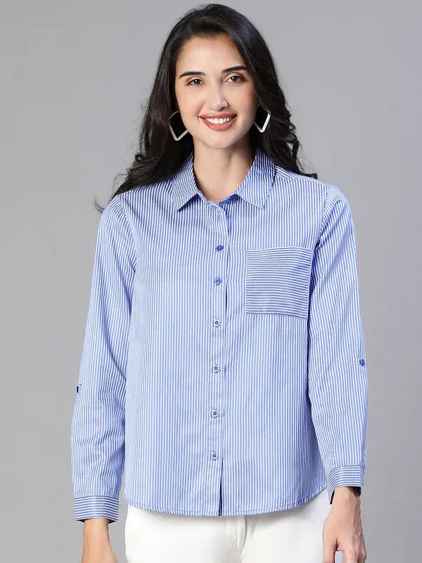 Women Stripe Print Blue Collared Cotton Shirt-W23106WSH006_S-- Mesh Blend Leather Blend Suede Blend Women Stripe Print Blue Collared Cotton Shirt-W23106WSH006_S-- Mesh Blend Leather Blend Suede Blend