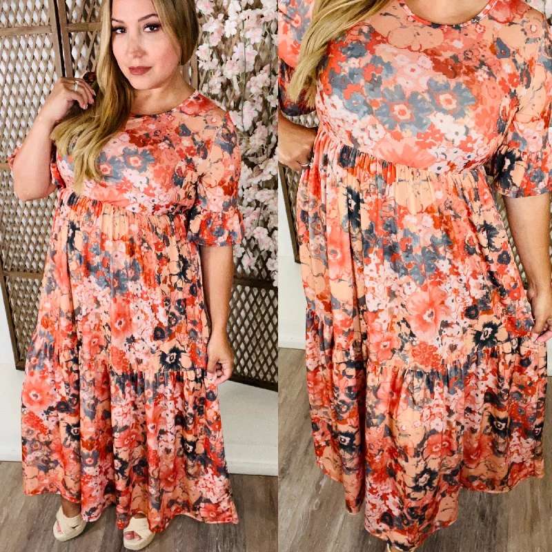 Rust/Navy Floral Tiered Dress empire Waist empire