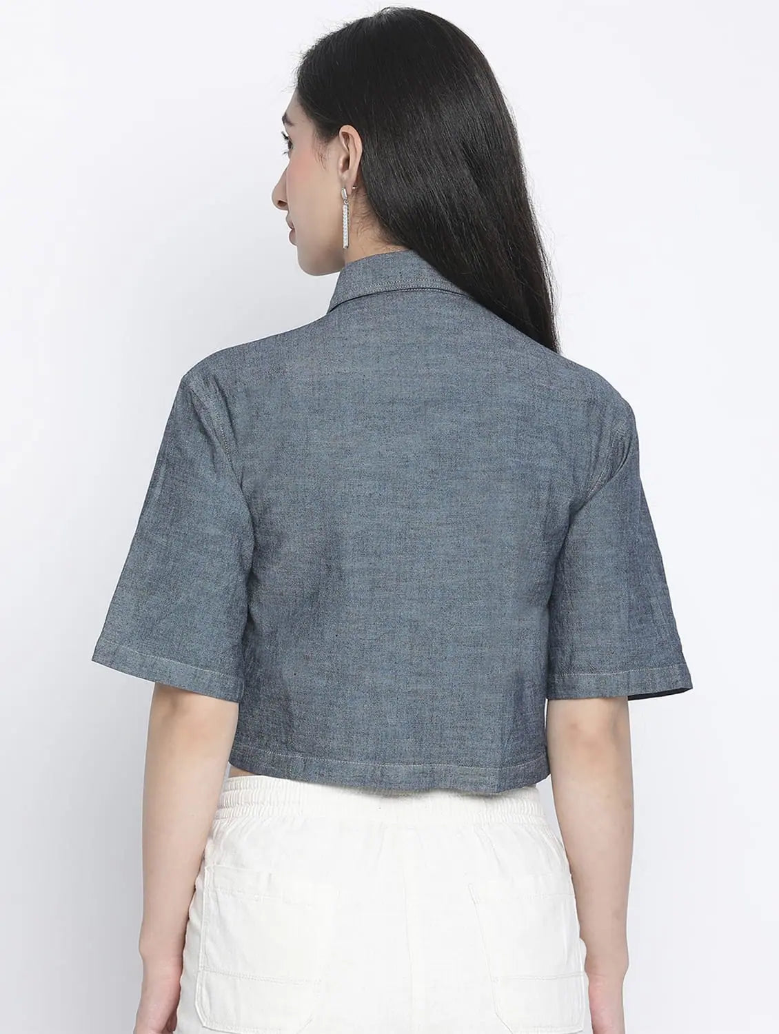 Denim Solid Womem Crop Shirt -- Basic T-Shirt Crew Neck Short Sleeve