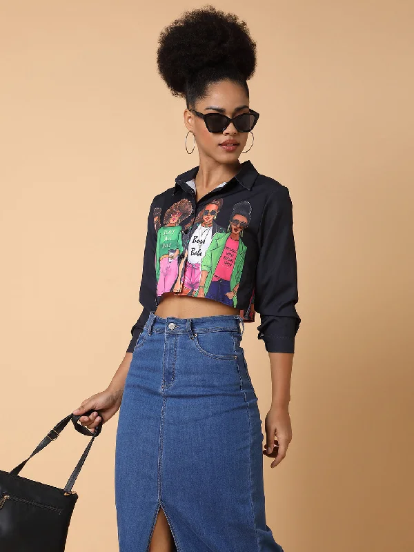 Women Graphic Black Crop Boxy Shirt-CHN-110-Black-- Hooded Caped Shawl Collar