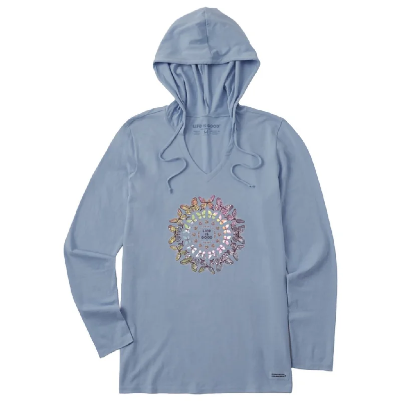 Life Is Good : Women's Tie Dye Butterfly Daisy Mandala - Long Sleeve Crusher-LITE Hooded T-Shirt in Stone Blue-- Chenille Blend Fleece Blend Nylon Blend Life Is Good : Women's Tie Dye Butterfly Daisy Mandala - Long Sleeve Crusher-LITE Hooded T-Shirt in Stone Blue-- Chenille Blend Fleece Blend Nylon Blend