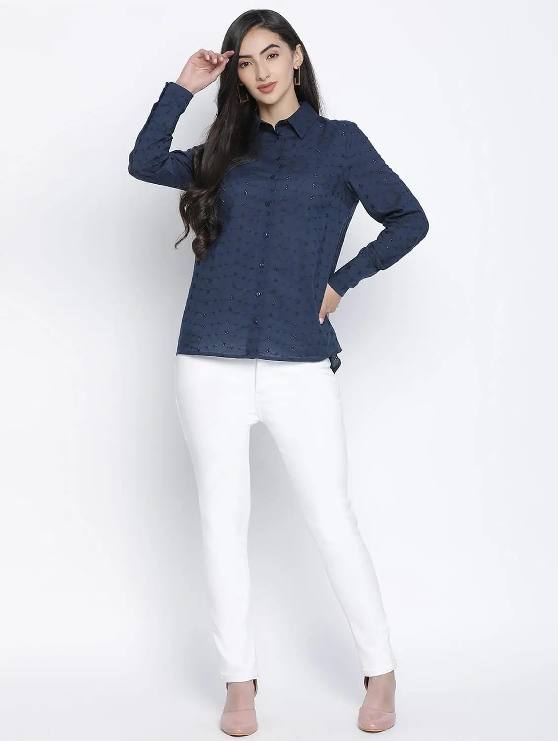 Candy Blue Casual Women Shirt-- Front Pockets Side Pockets Patch Pockets