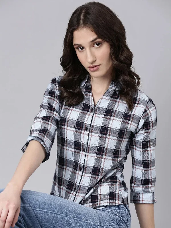 Women Blue Checked Shirt-AE-3234-Blue-- Silk Blend Satin Velvet
