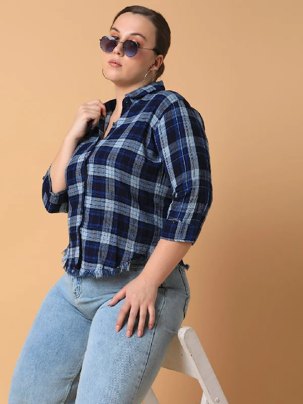 Women Checked Navy Blue Slim Fit Shirt-AE-333115-Navyblue-- Cotton Fabric Linen Fabric Terry Fabric