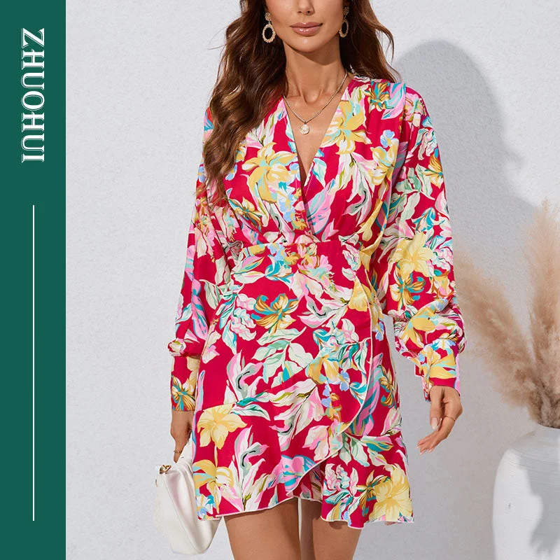 Spring Autumn Casual V Neck Puff Sleeve Tight High Ruched Floral A-Line Dresses Women Lady Elegant Holiday Dress Tunics Prom sequined Spring Autumn Casual V Neck Puff Sleeve Tight High Ruched Floral A-Line Dresses Women Lady Elegant Holiday Dress Tunics Prom sequined