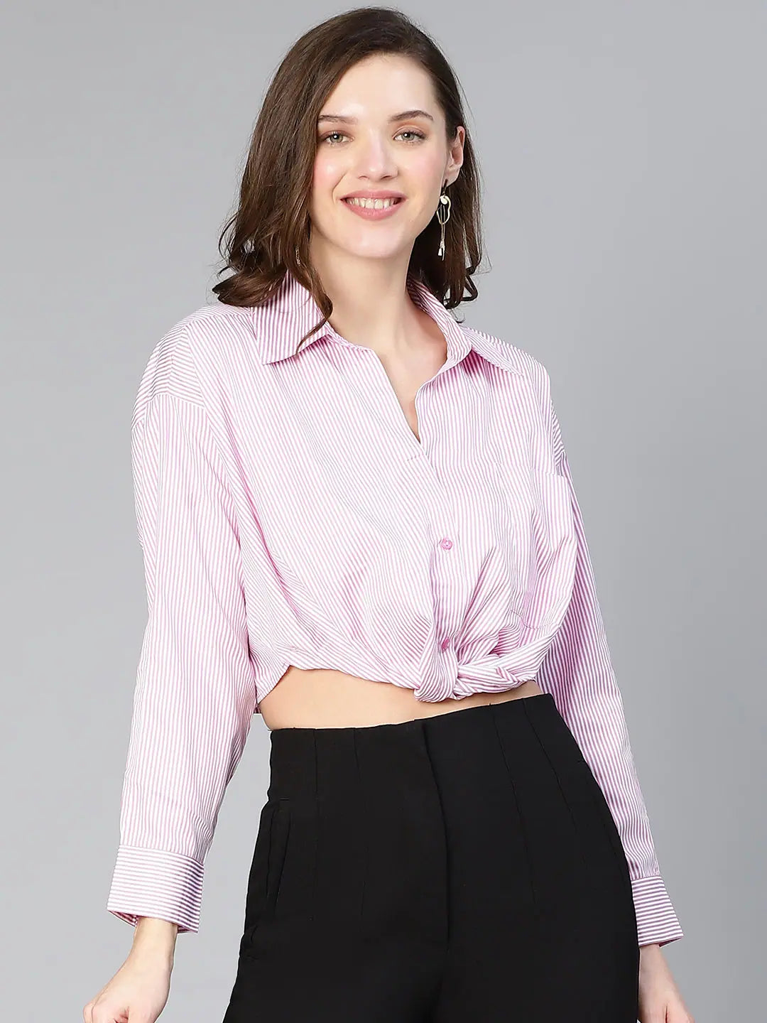 Women pink stripe print open collared cotton crop shirt-- Plaid T-Shirt Polka Dot Checkered Women pink stripe print open collared cotton crop shirt-- Plaid T-Shirt Polka Dot Checkered