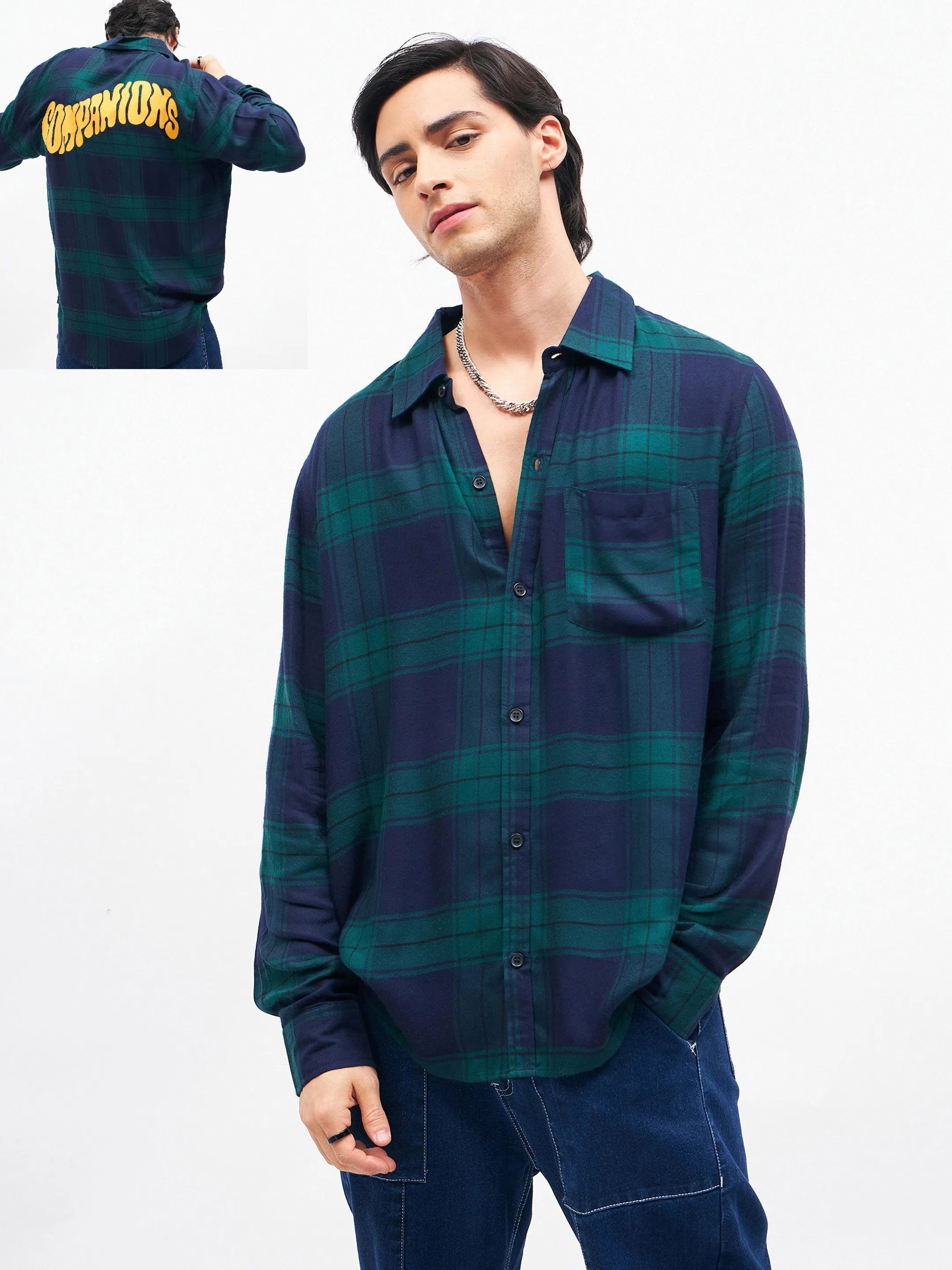 Unisex Navy Check Companions Oversized Shirt-- Faux Fur Fabric Real Fur Fabric Shearling Fabric Unisex Navy Check Companions Oversized Shirt-- Faux Fur Fabric Real Fur Fabric Shearling Fabric