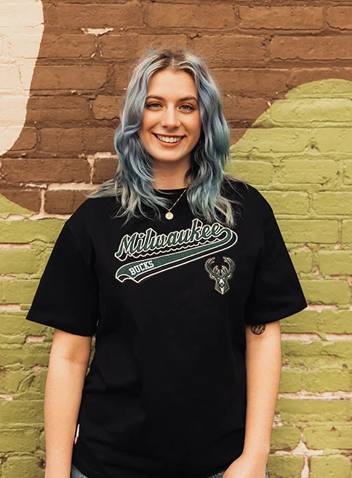 Women's Pro Standard Script Tail Milwaukee Bucks T-Shirt-- Mesh Blend Leather Blend Suede Blend Women's Pro Standard Script Tail Milwaukee Bucks T-Shirt-- Mesh Blend Leather Blend Suede Blend