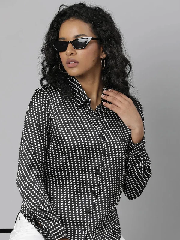 Women Black Polka Dots Shirt-AE-333842-Black-- Handmade Hand-knitted Hand-woven