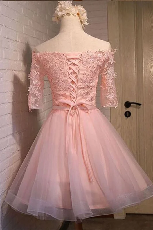 Off Shoulder Half Sleeve Appliques Short Homecoming Dresses Elegant Long Evening