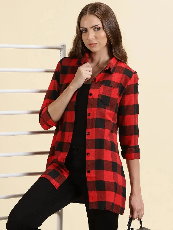 Women's Red Checked Longline Shirt-AN-9869-Red-- Mesh Blend Leather Blend Suede Blend Women's Red Checked Longline Shirt-AN-9869-Red-- Mesh Blend Leather Blend Suede Blend