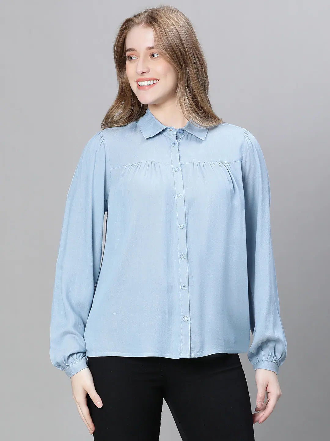 Women Soild Blue Collared Long Sleeve Buttoned Cotton Shirt-W23108WSH001_S-- Polka Dot Checkered Tartan Women Soild Blue Collared Long Sleeve Buttoned Cotton Shirt-W23108WSH001_S-- Polka Dot Checkered Tartan