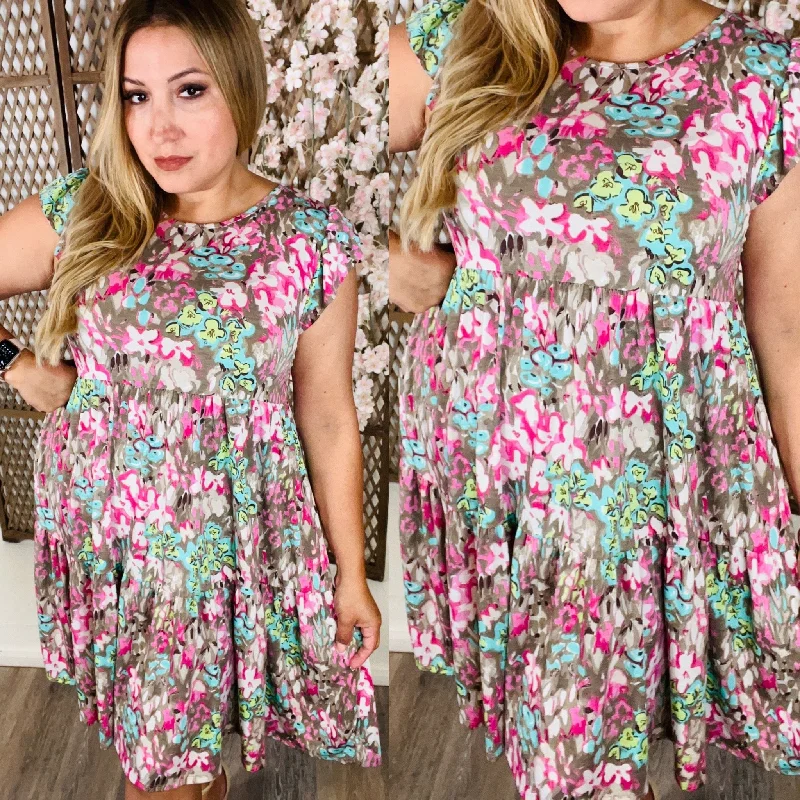 Brown Background Floral Tiered Dress Turtleneck Warm Winter