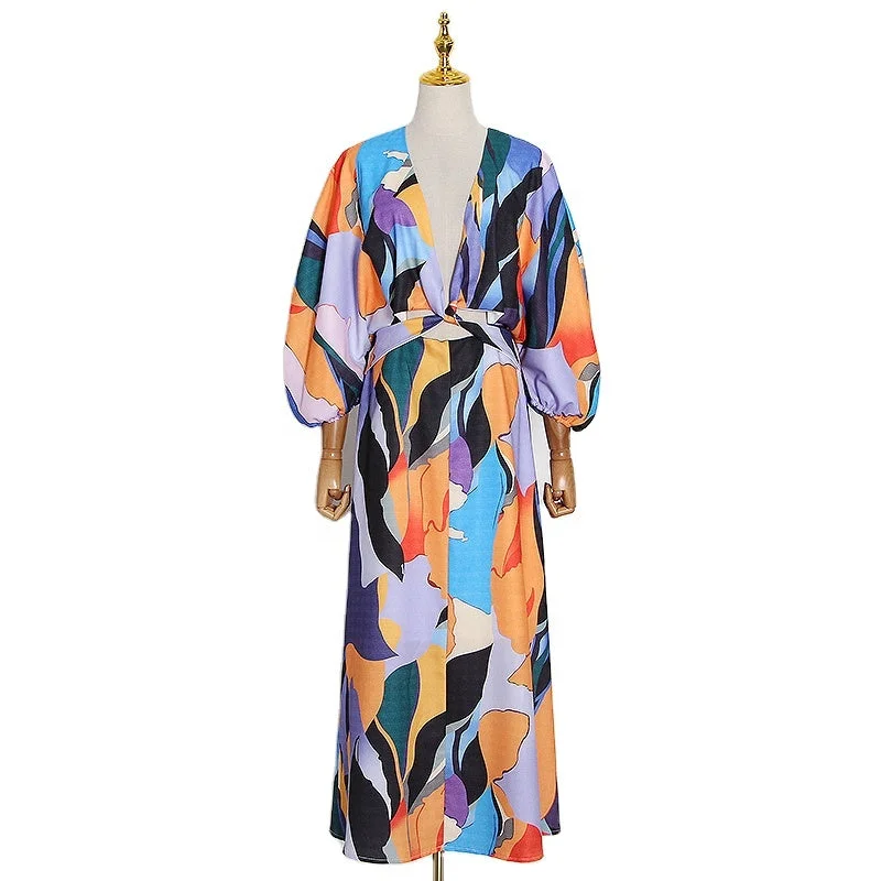 TWOTWINSTYLE elegant Print Summer Dress Women V Neck Lantern Half Sleeve High Waist Hollow Out Hit Color Tunics Favorite customer