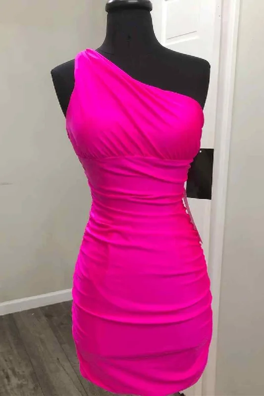 One Shoulder Hot Pink Short Homecoming Dress Night Dresses Tunics Fall fleece