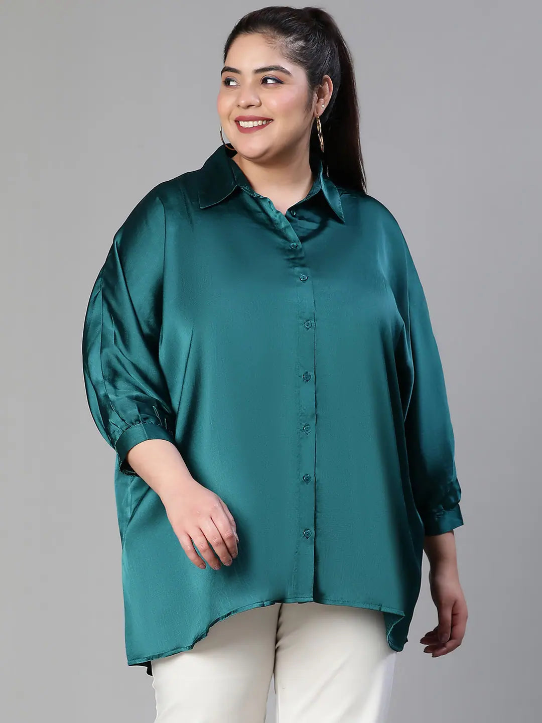Women plus size collared soild green baggy style green shirt-- Spandex Blend Rayon Blend Denim Blend Women plus size collared soild green baggy style green shirt-- Spandex Blend Rayon Blend Denim Blend