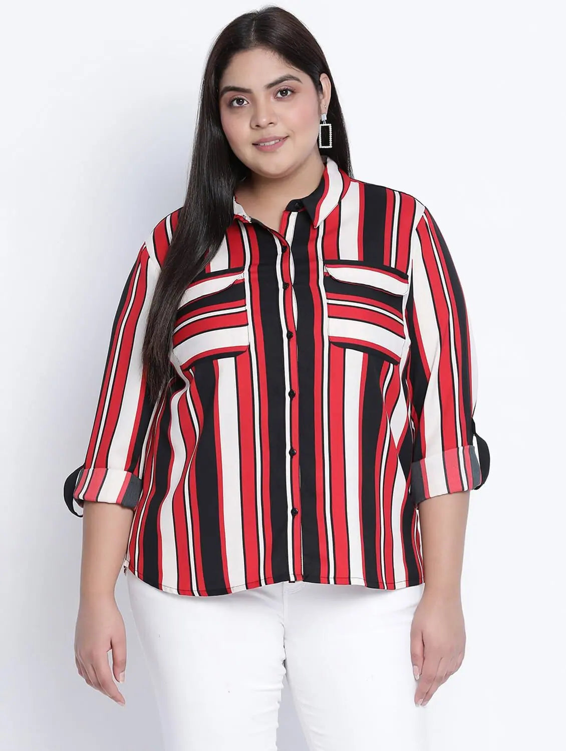 Efantic Strpes Plus Size Shirt-- Print Jacquard Patchwork