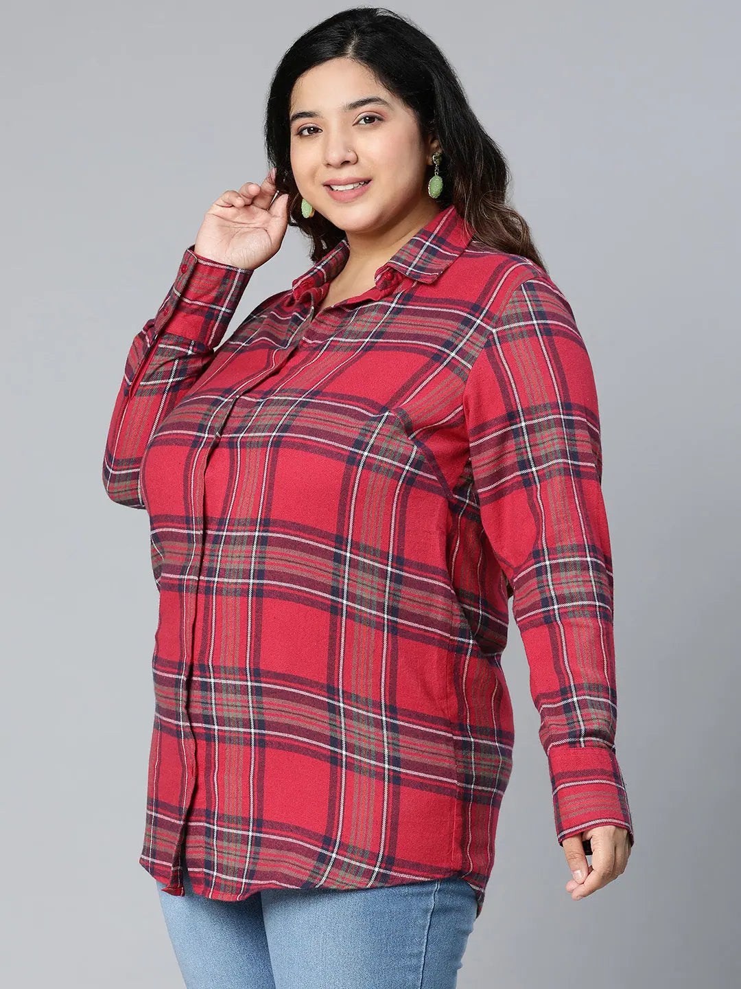 Velvet Red Brush Check Plus Size Women Cotton Shirt-- Welt Pockets Slit Pockets Flap Pockets