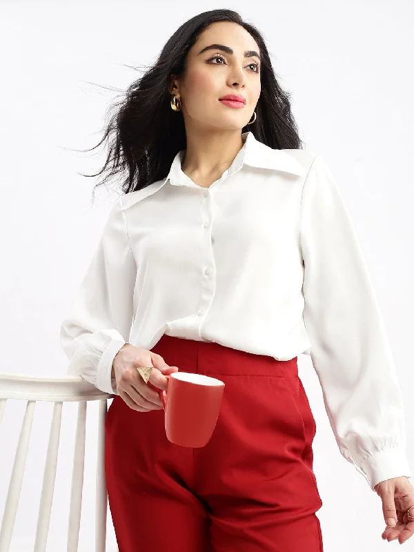 Women Solid White Shirt-1698-White-- Mesh Fabric Canvas Fabric Denim Fabric