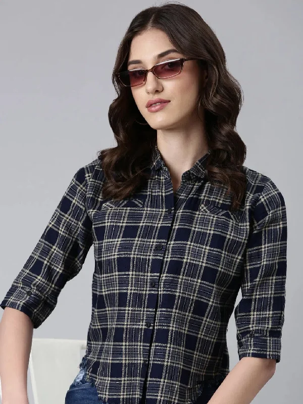 Women Navy Blue Checked Shirt-AE-3212-Navyblue-- Real Fur Shearling Chenille