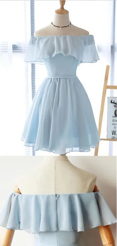 Simple Off The Shoulder Light Blue Chiffon A Line Short Homecoming Dress Tunics Trendy modern Simple Off The Shoulder Light Blue Chiffon A Line Short Homecoming Dress Tunics Trendy modern