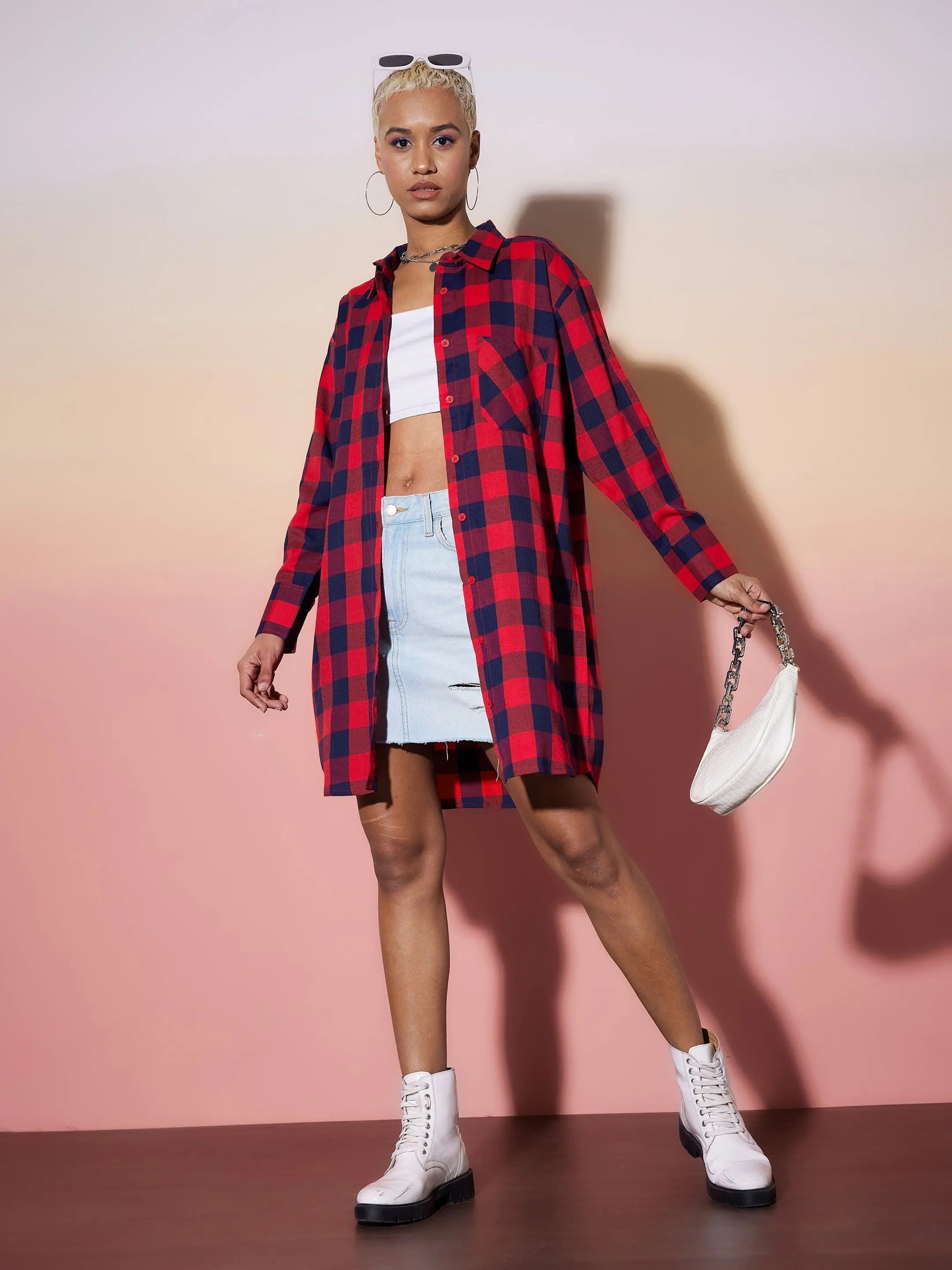 Women Red & Navy Check Lounge Shirt-- Knit Fabric Woven Fabric Fleece Fabric