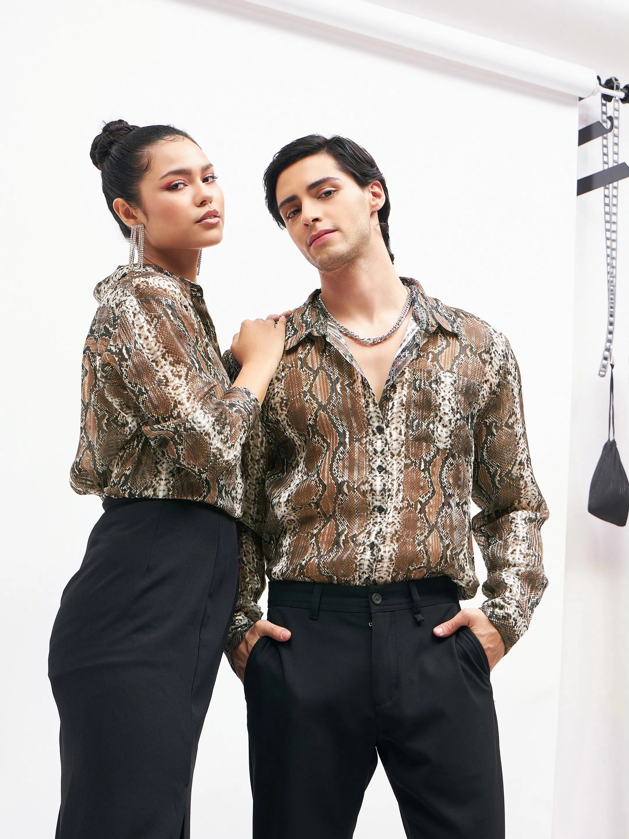 Unisex Snake Lurex Party Shirt-- Notch Collar Peter Pan Collar Cowl Neck