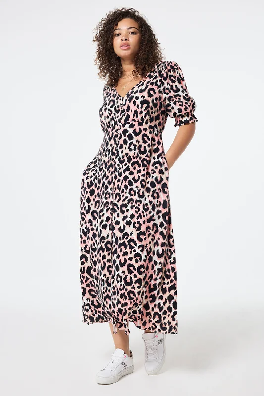 Mixed Neutral with Black Shadow Leopard Flute Sleeve Midi Tea Dress Tunics Luxurious high-end Mixed Neutral with Black Shadow Leopard Flute Sleeve Midi Tea Dress Tunics Luxurious high-end