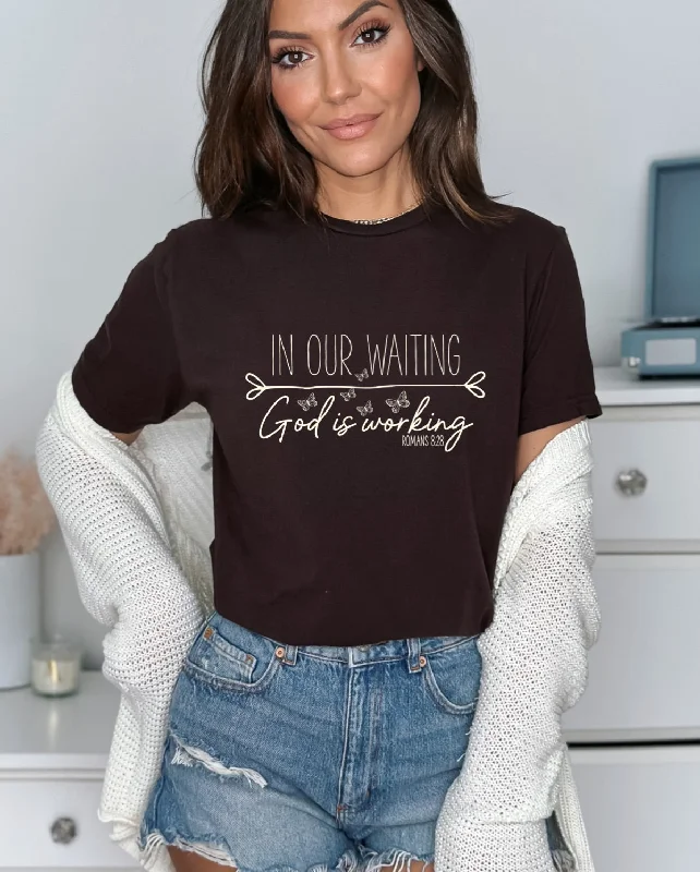 In Our Waiting God Is Working Ladies T-Shirt-- Beaded Sequined Faux Fur
