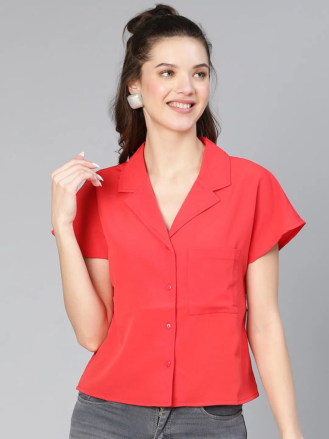 Red Bound Open Collared Women Shirt-- Striped Floral Plaid