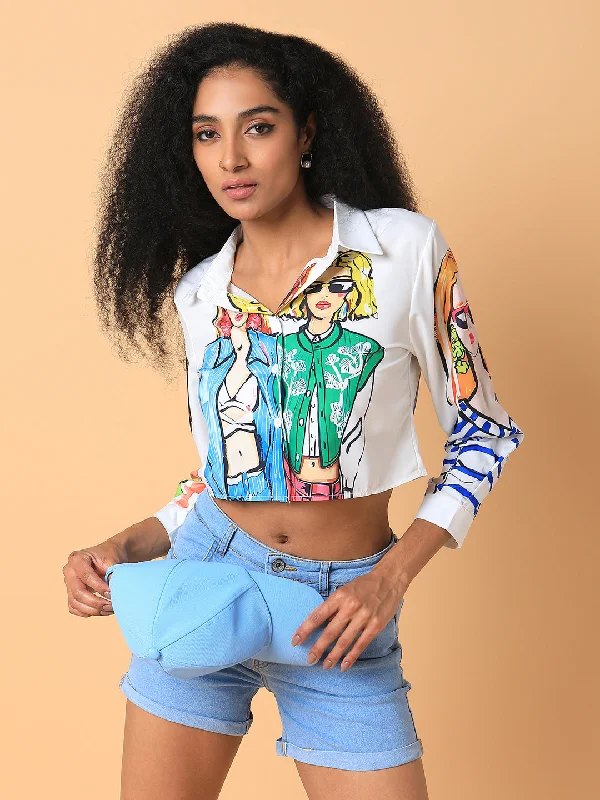 Women Graphic Print White Shirt-CHN-114-White-- Notch Collar Peter Pan Collar Cowl Neck Women Graphic Print White Shirt-CHN-114-White-- Notch Collar Peter Pan Collar Cowl Neck
