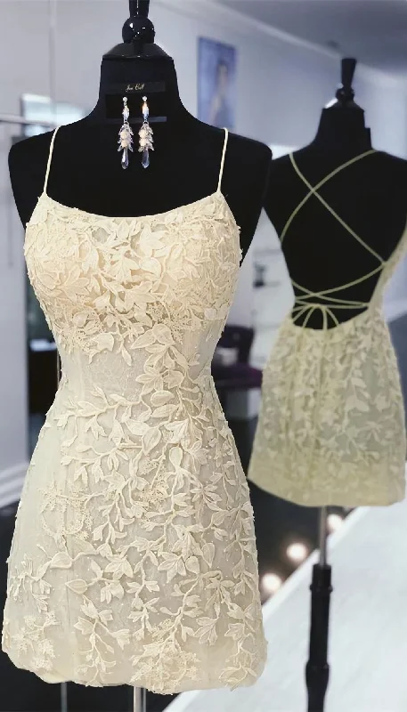 Tight Yellow Lace Homecoming Dresses, Short Yellow Homecoming Dress, With Lace Up Back Tunics Seasonal trendy Tight Yellow Lace Homecoming Dresses, Short Yellow Homecoming Dress, With Lace Up Back Tunics Seasonal trendy