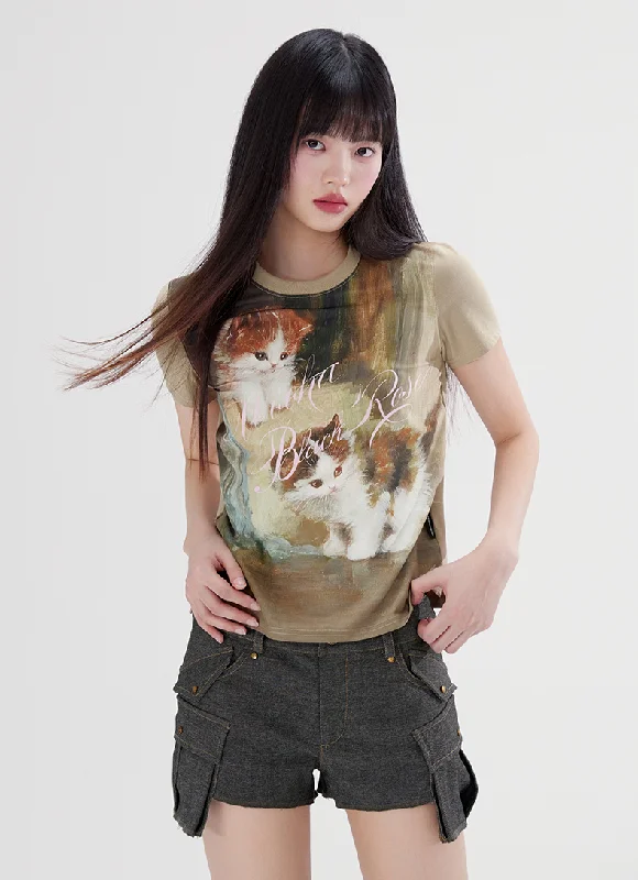 Retro Fashionable Animal Print Short-sleeved T-shirt WOO0093-- Solid Color Striped Floral